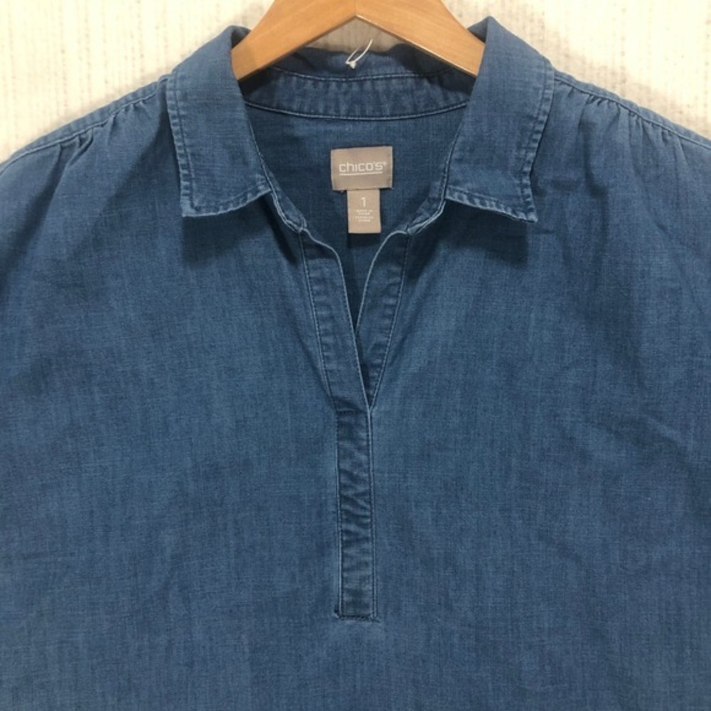Chico's Blue Denim Look Popover Top Short Cuffed Sleeve Cotton Lyocell Size 1 M